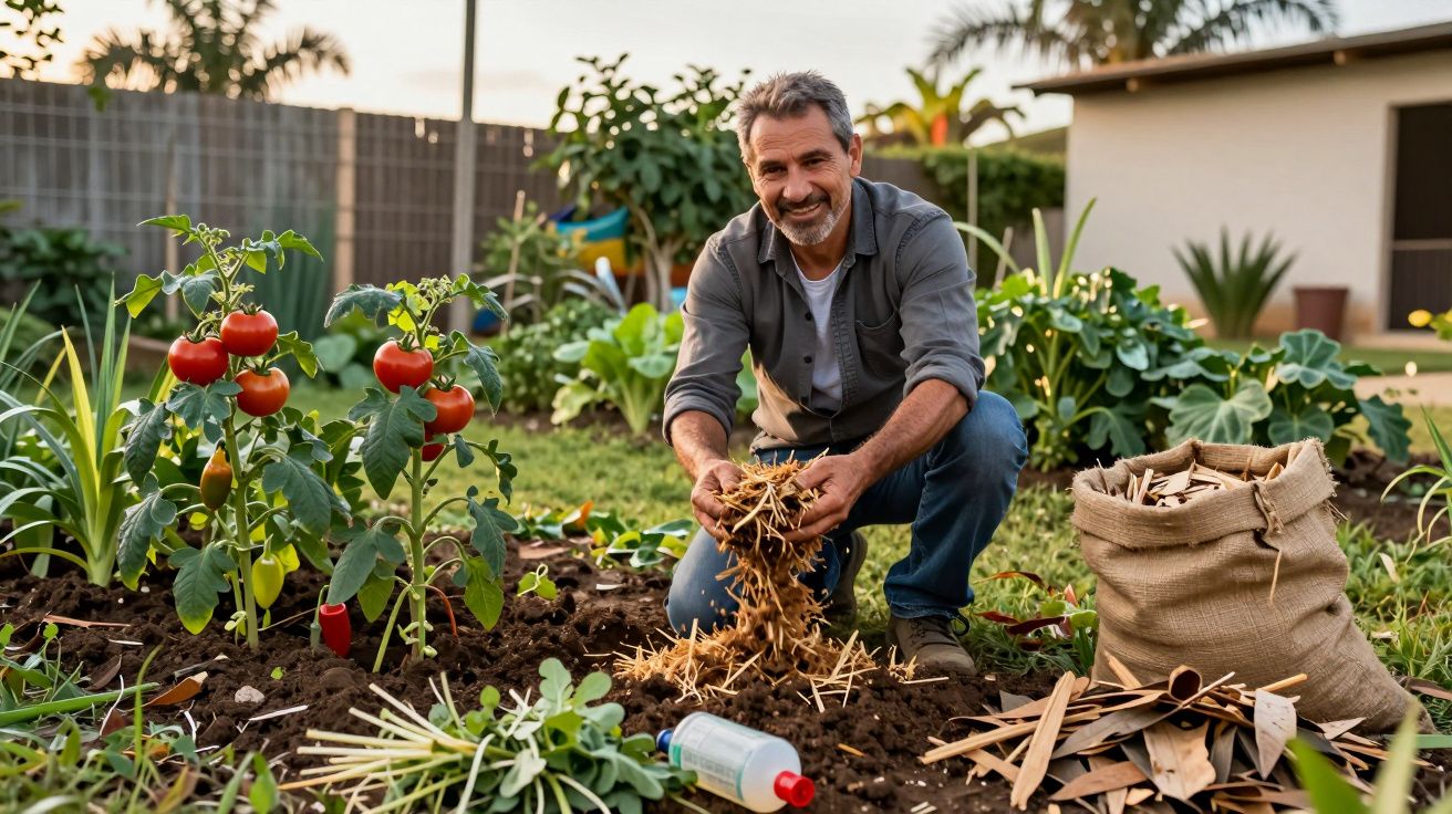 Homem sorridente fazendo compostagem com palitos de madeira em jardim com plantas e tomates.