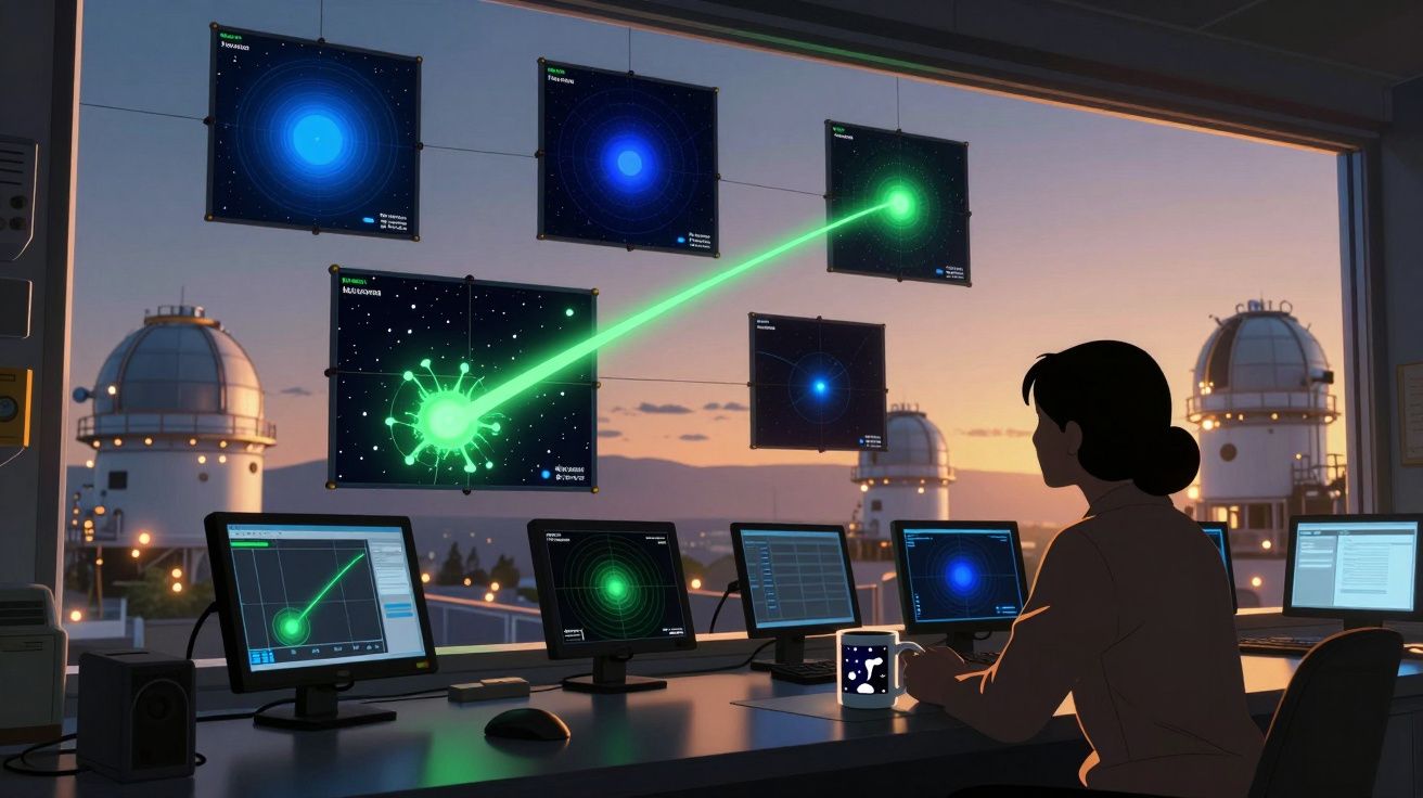 Pessoa observando dados astronômicos em monitores com telescópios ao fundo ao entardecer.