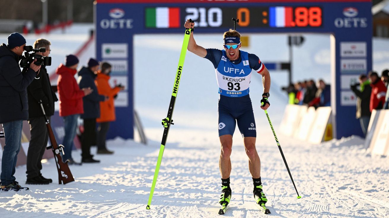 Atleta de esqui cross-country comemorando na linha de chegada com torcida e fotógrafos ao fundo.