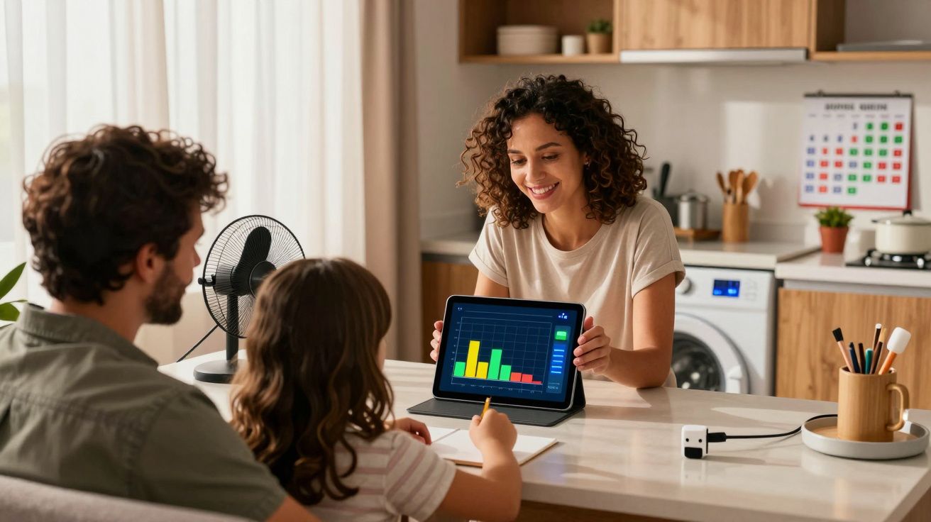 Mulher mostra gráfico colorido em tablet para criança e adulto em mesa de cozinha.