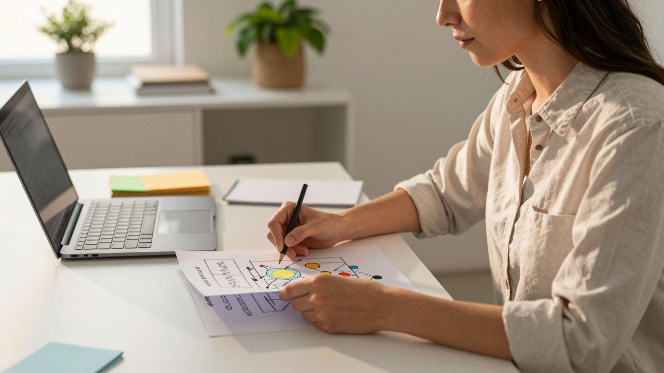 Mulher desenhando gráficos coloridos em papel enquanto trabalha em laptop em escritório iluminado.