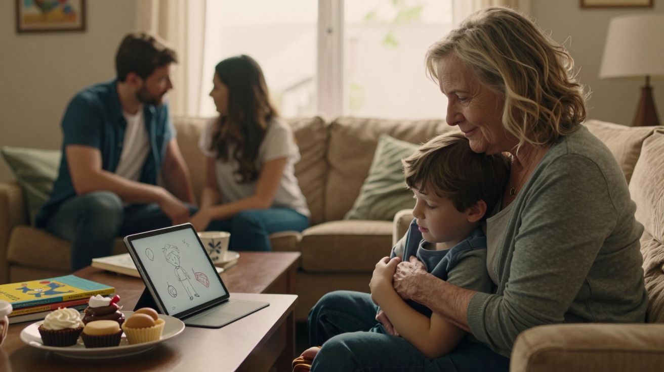 Avó abraça neto no sofá enquanto casal conversa ao fundo em sala com tablet e cupcakes na mesa.