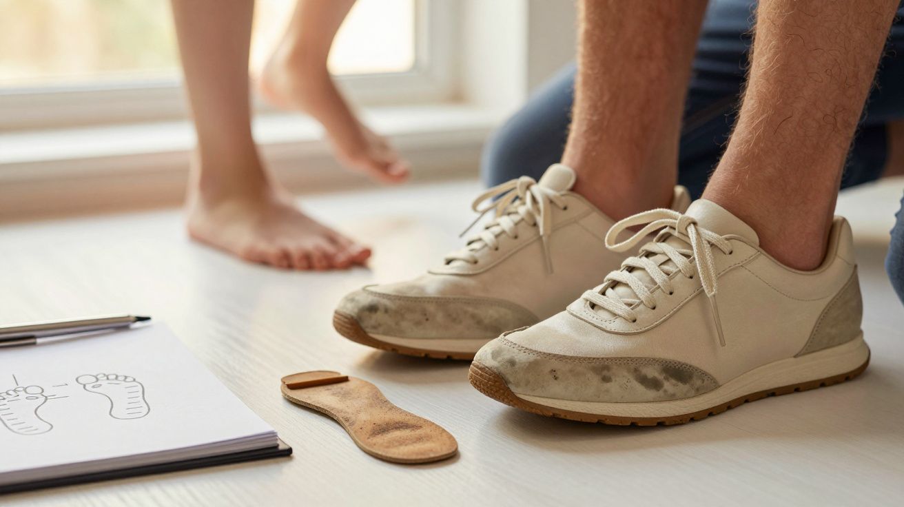 Tênis brancos sujos, palmilha retirada ao lado e pés descalços de criança ao fundo em piso claro.