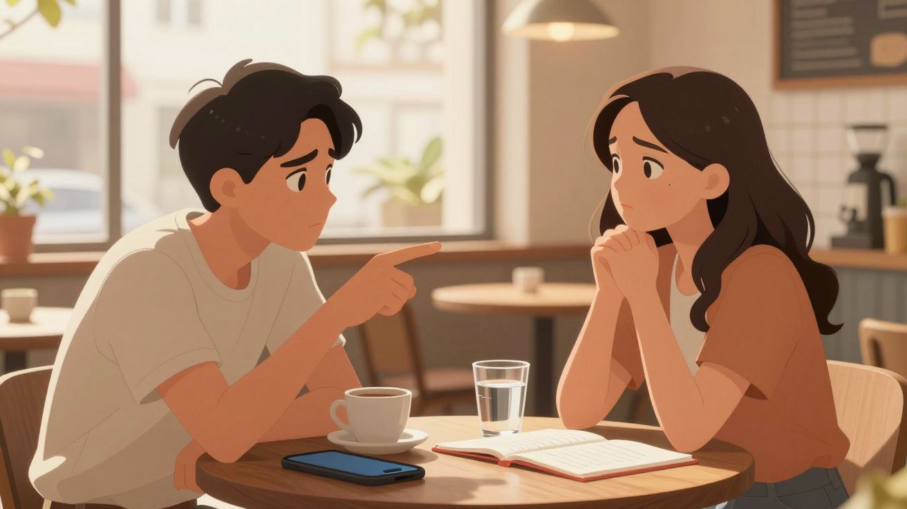 Jovem conversando seriamente com uma mulher em cafeteria, ambos sentados à mesa com livro e bebidas.