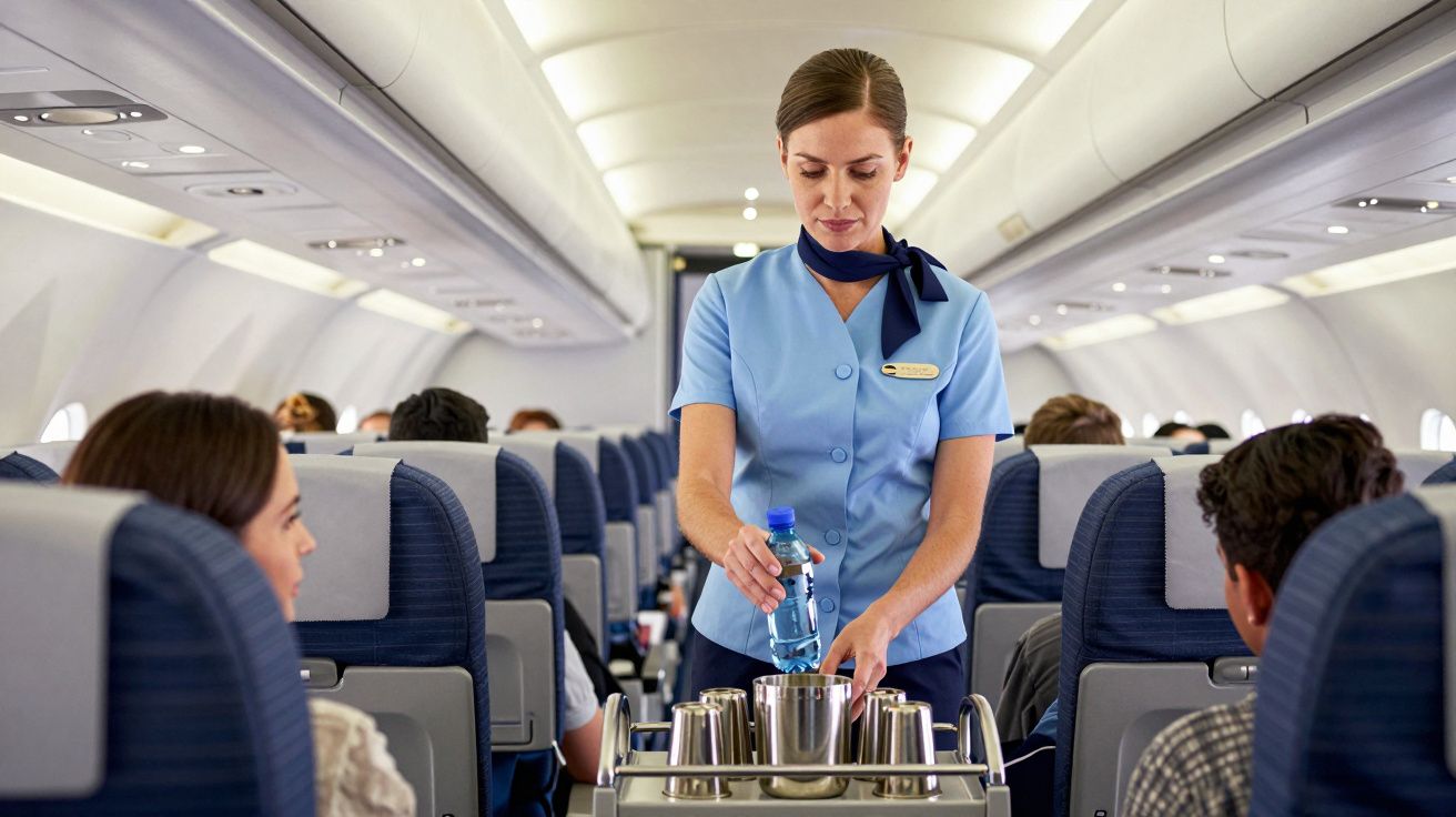 Comissária de bordo servindo água para passageiros em voo dentro da cabine do avião.