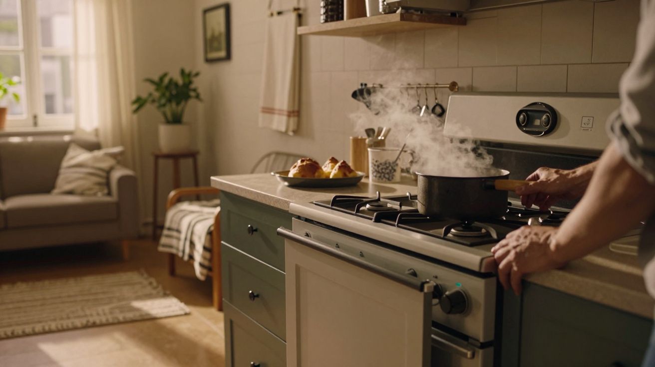 Pessoa cozinhando com panela quente no fogão em cozinha aconchegante com sala iluminada ao fundo.