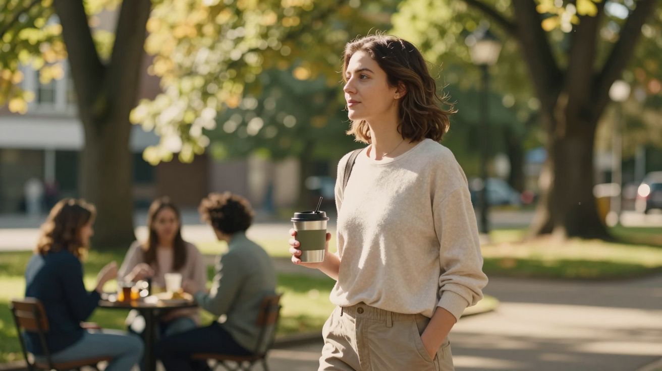 Mulher caminhando em parque segurando copo de café, com grupo de pessoas conversando ao fundo.