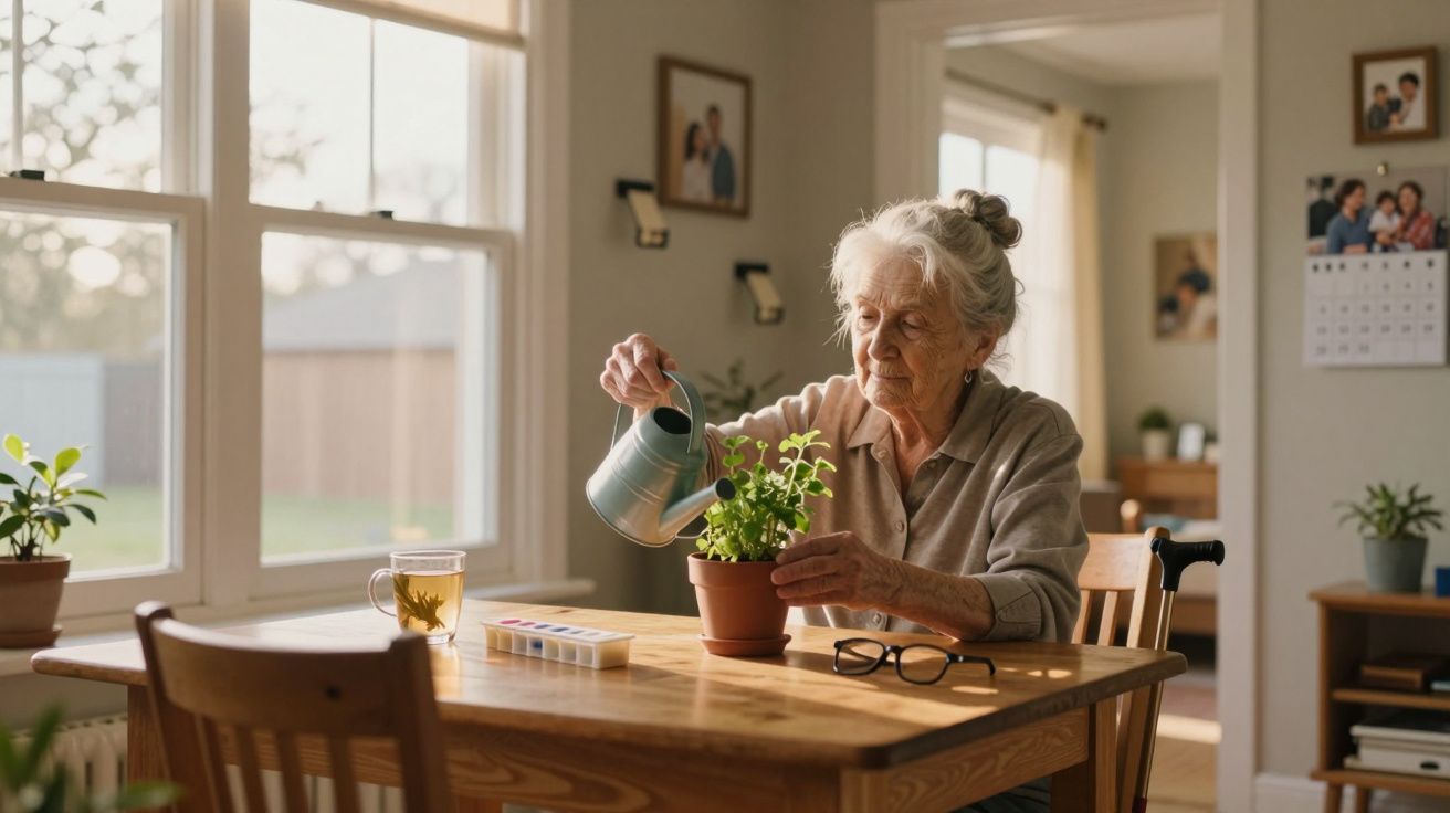 Idosa regando planta em vaso sentada à mesa de madeira perto da janela em casa iluminada.