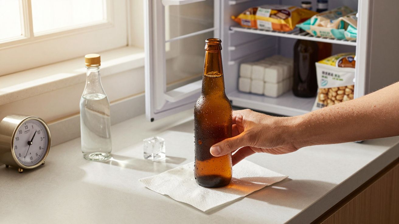 Mão retirando garrafa de cerveja gelada da bancada perto de uma geladeira aberta e garrafa de vidro.