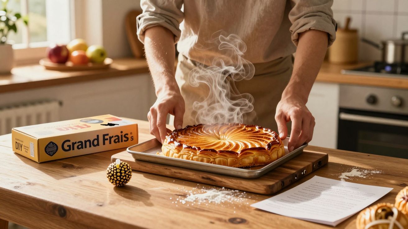 Pessoa segurando uma forma com torta quente fumegante sobre mesa de madeira em cozinha iluminada.