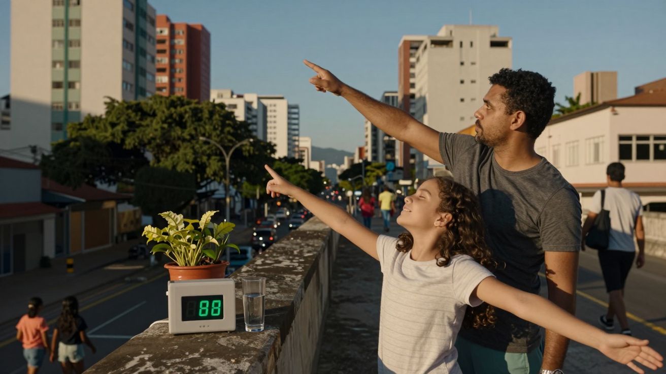 Homem e menina apontando para o céu em passeio urbano ao entardecer, com vaso e relógio digital à frente.
