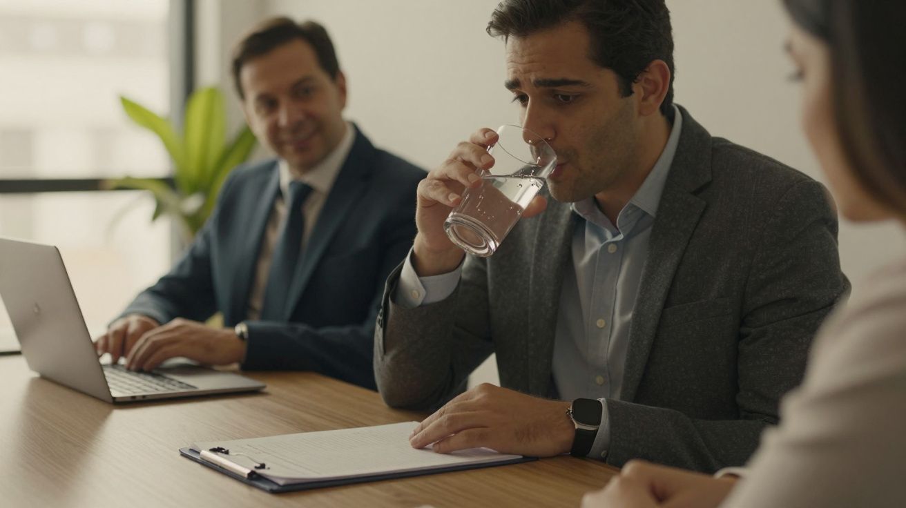 Homem vestido formal bebendo água em reunião de trabalho com outras duas pessoas numa sala de escritório.
