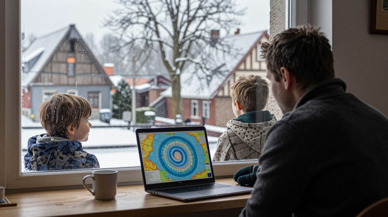 Homem observa dois meninos pela janela enquanto usa laptop com mapa digital em ambiente interno com neve do lado de fora.