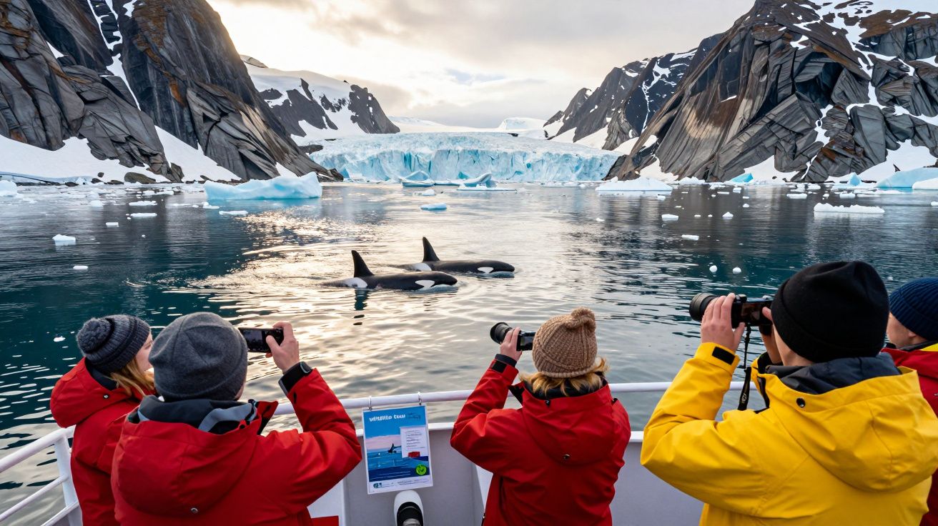 Pessoas em barco observando e fotografando orcas em águas geladas com montanhas e geleira ao fundo.