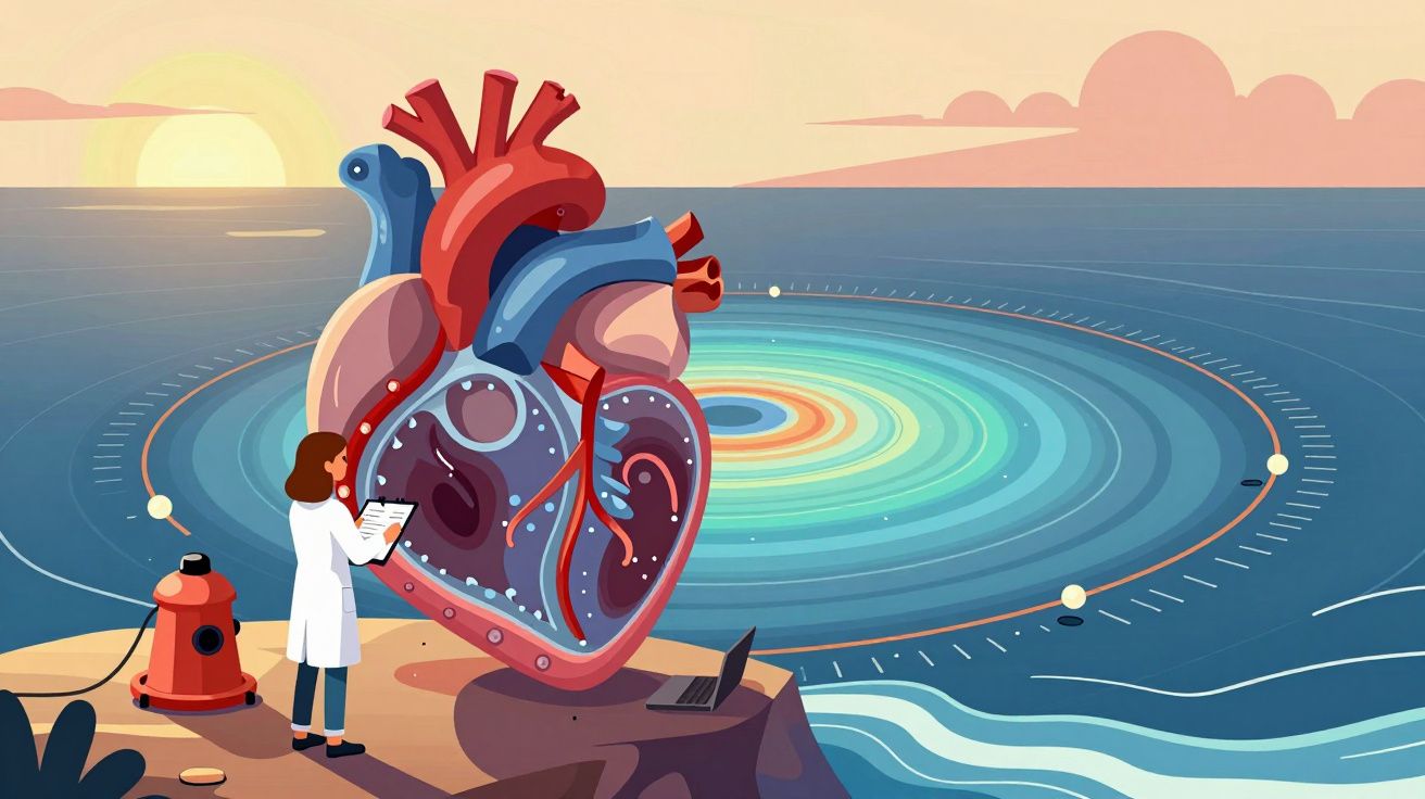 Ilustração de médica analisando coração gigante com mar ao fundo e sol no horizonte.