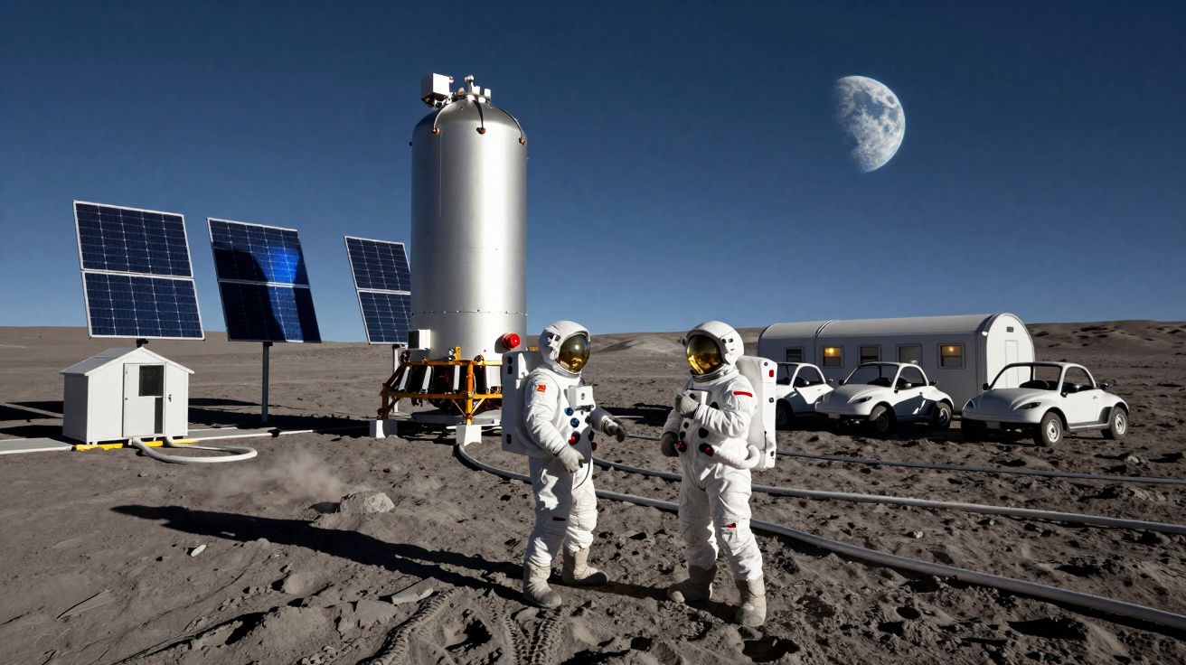 Dois astronautas em traje espacial conversam em uma base lunar com veículos, painéis solares e a Terra ao fundo.