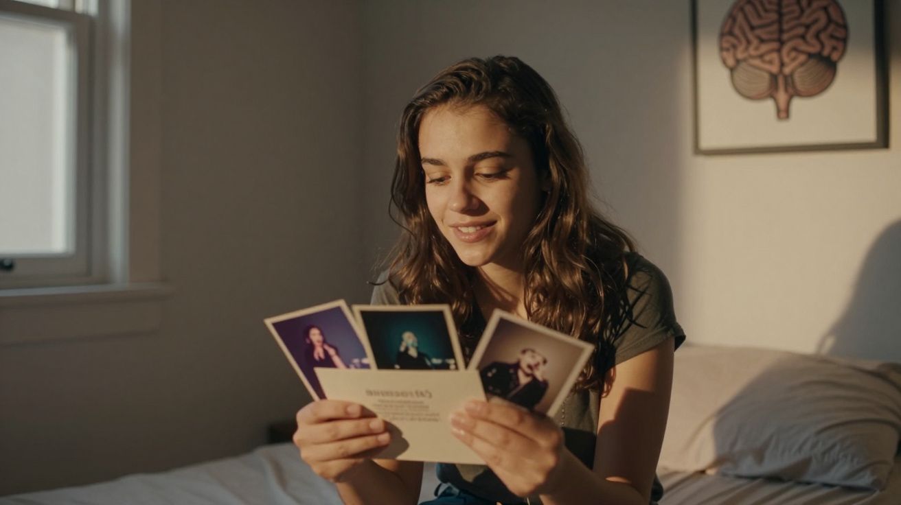 Jovem sorrindo enquanto observa fotos em um quarto iluminado pela luz do dia.