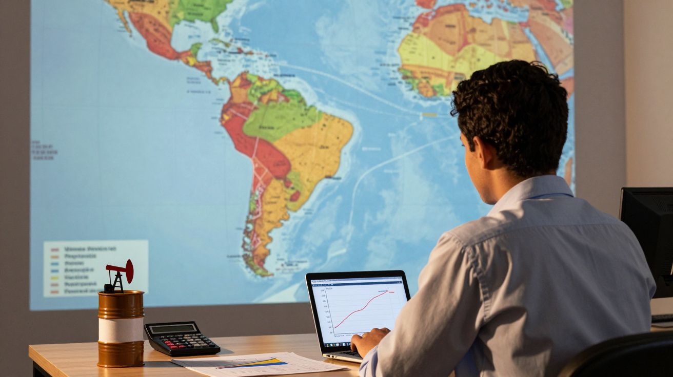 Homem analisa gráfico no laptop com mapa da América do Sul projetado na parede ao fundo.