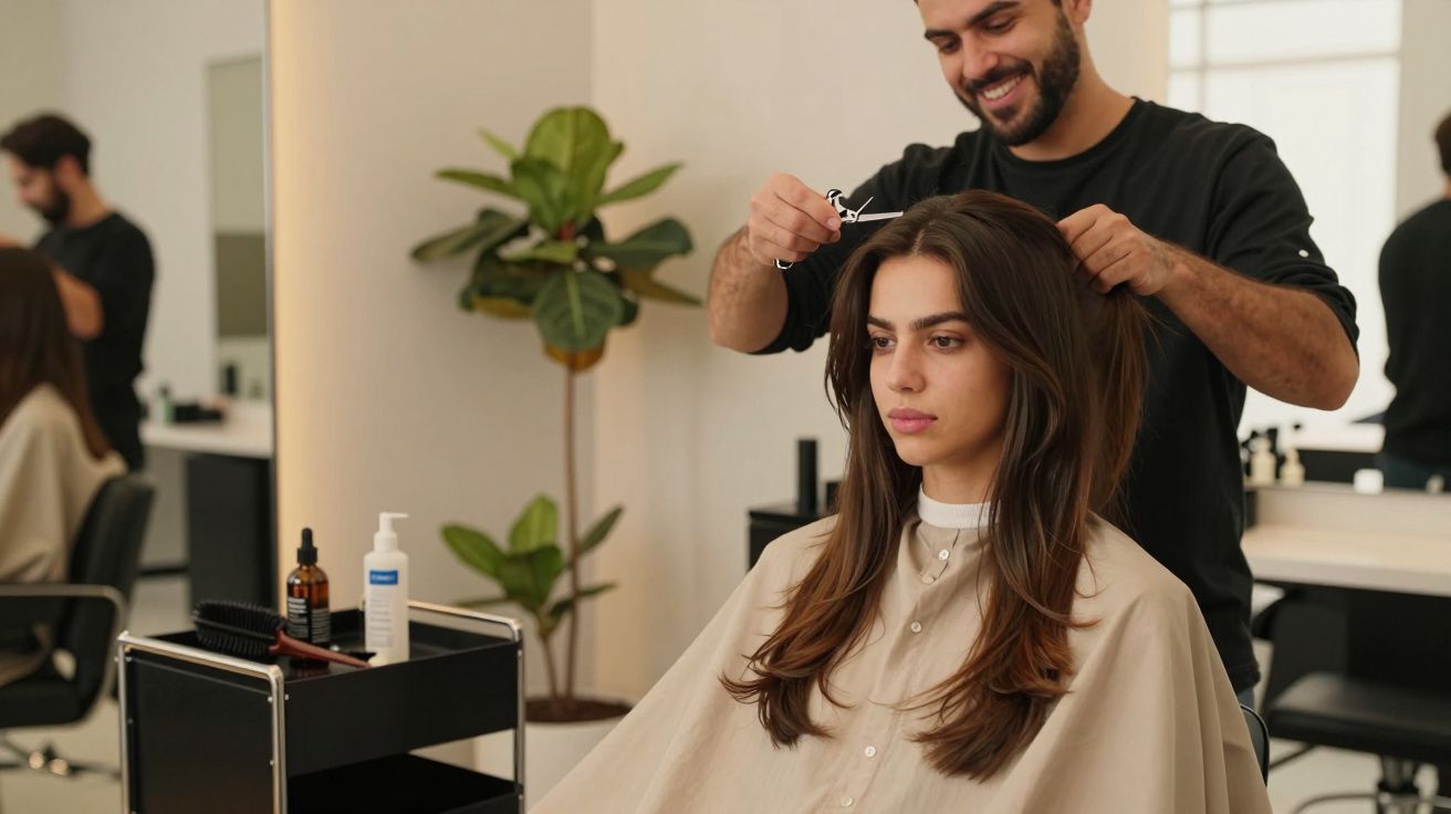 Cabeleireiro cortando cabelo de mulher jovem em salão moderno e bem iluminado.