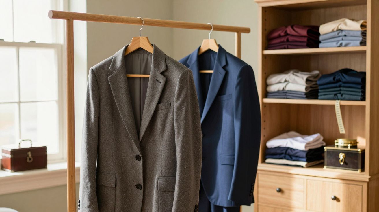 Dois blazers pendurados em cabides de madeira em um suporte de madeira, ao lado de armário com roupas dobradas.