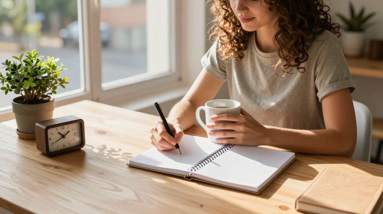 Mulher escrevendo em caderno e segurando xícara sentada em mesa de madeira perto da janela.