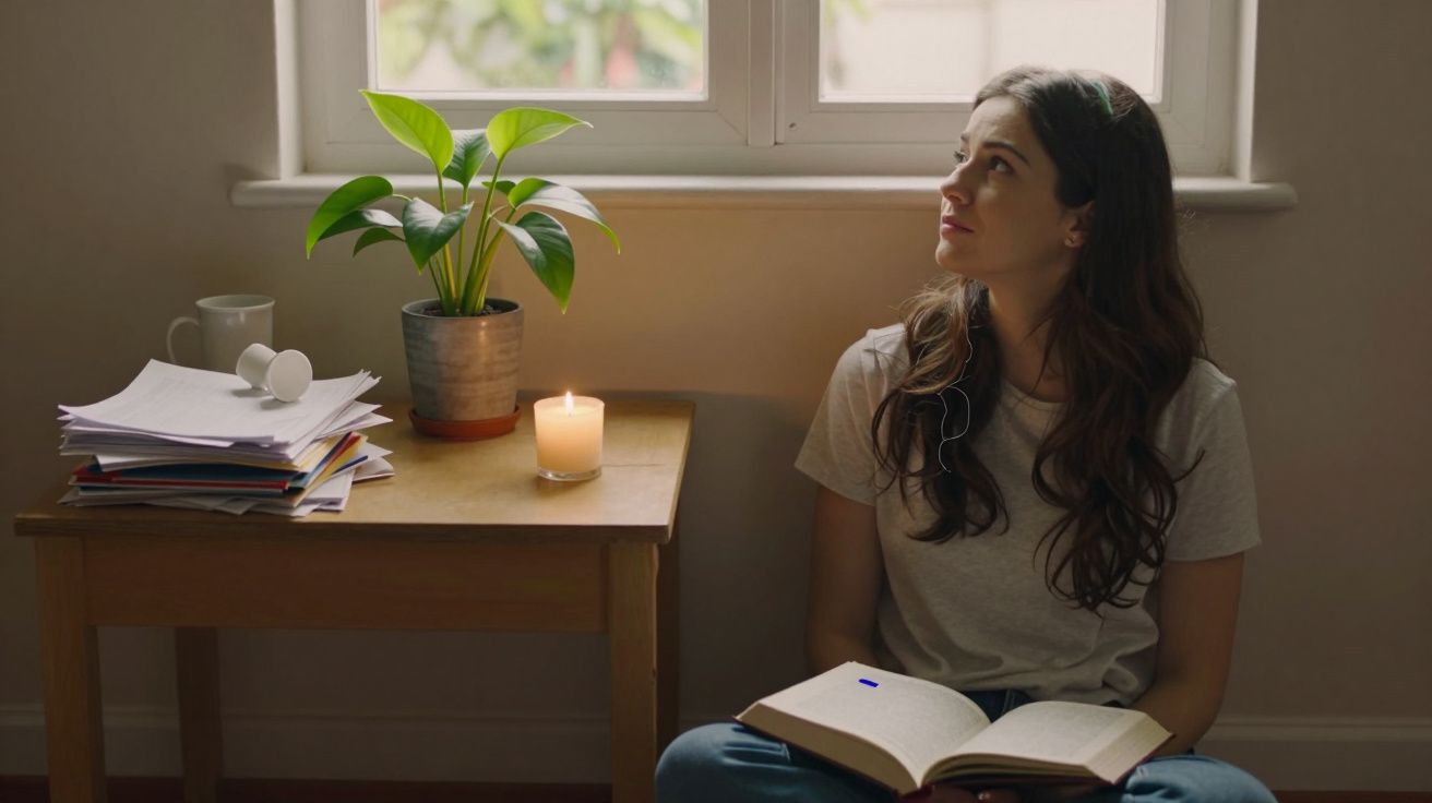 Mulher sentada no chão lendo livro, olhando pela janela, ao lado mesa com vela acesa, planta e papéis.