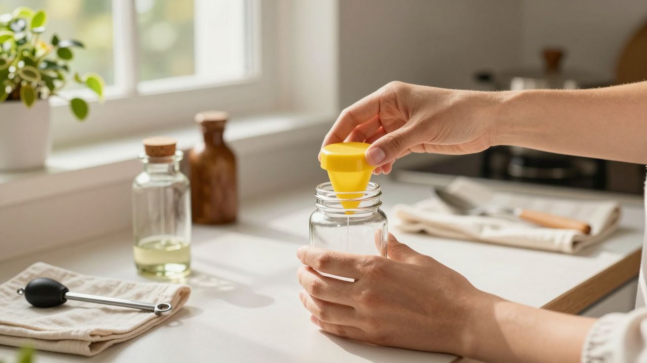 Mãos femininas preenchendo um frasco de vidro com funil amarelo em bancada de cozinha iluminada.