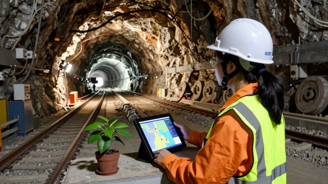 Engenheira com capacete e colete usa tablet em túnel ferroviário com planta em vaso ao lado.
