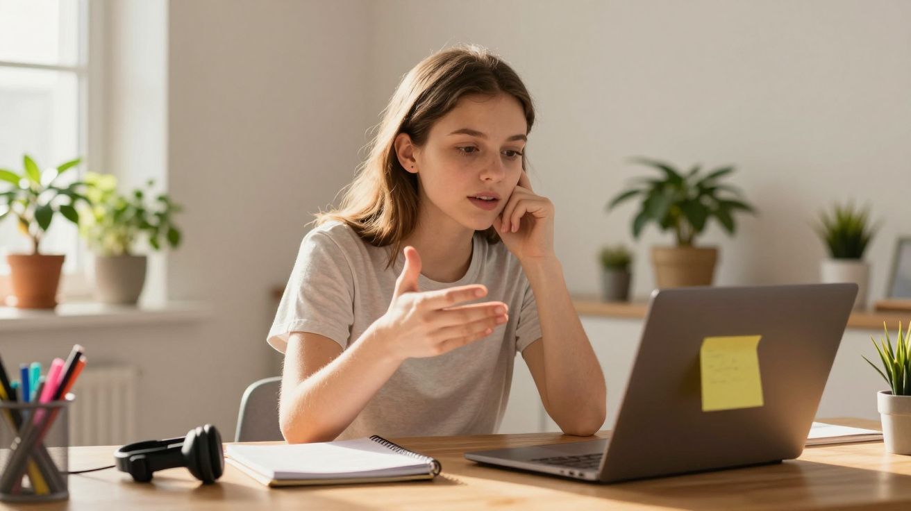 Jovem mulher em camiseta cinza participando de videochamada em notebook, sentada em mesa com caderno e fones.