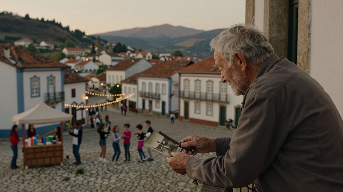 Idoso observa foto antiga enquanto contempla praça histórica com crianças e barraca ao fundo no entardecer.