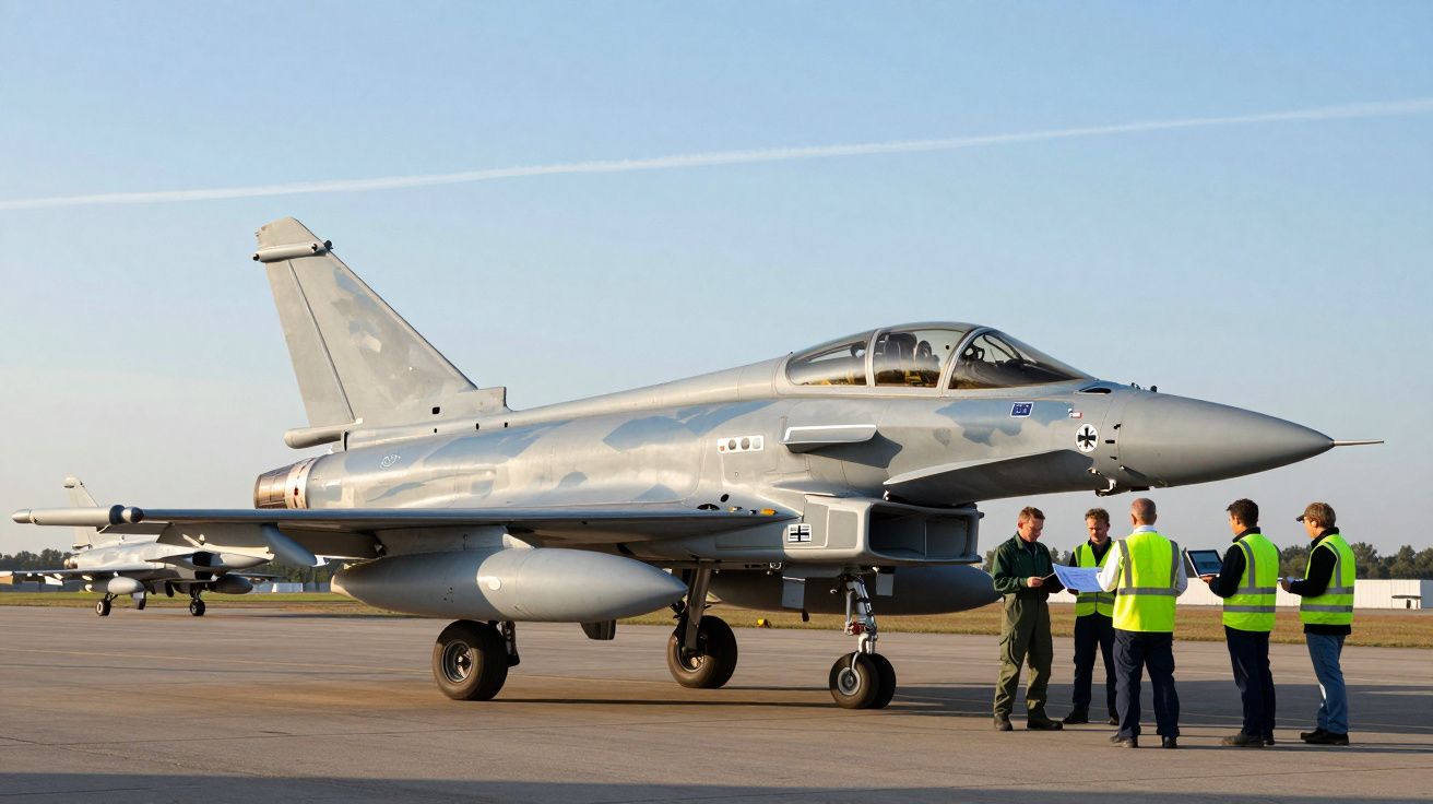 Avião de caça Eurofighter Typhoon estacionado com grupo de cinco homens em coletes refletivos próximos ao avião.