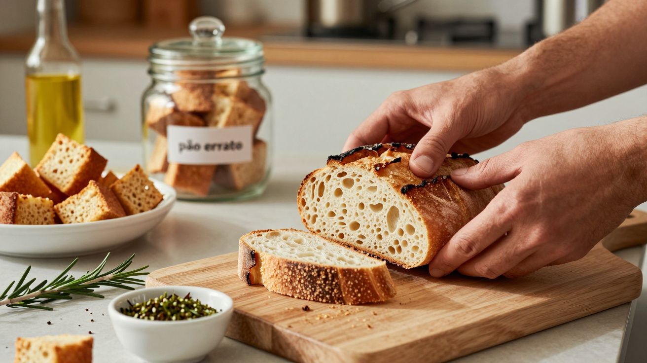 Pessoa cortando pão italiano em tábua de madeira com potes de temperos e pão cortado ao lado na bancada.