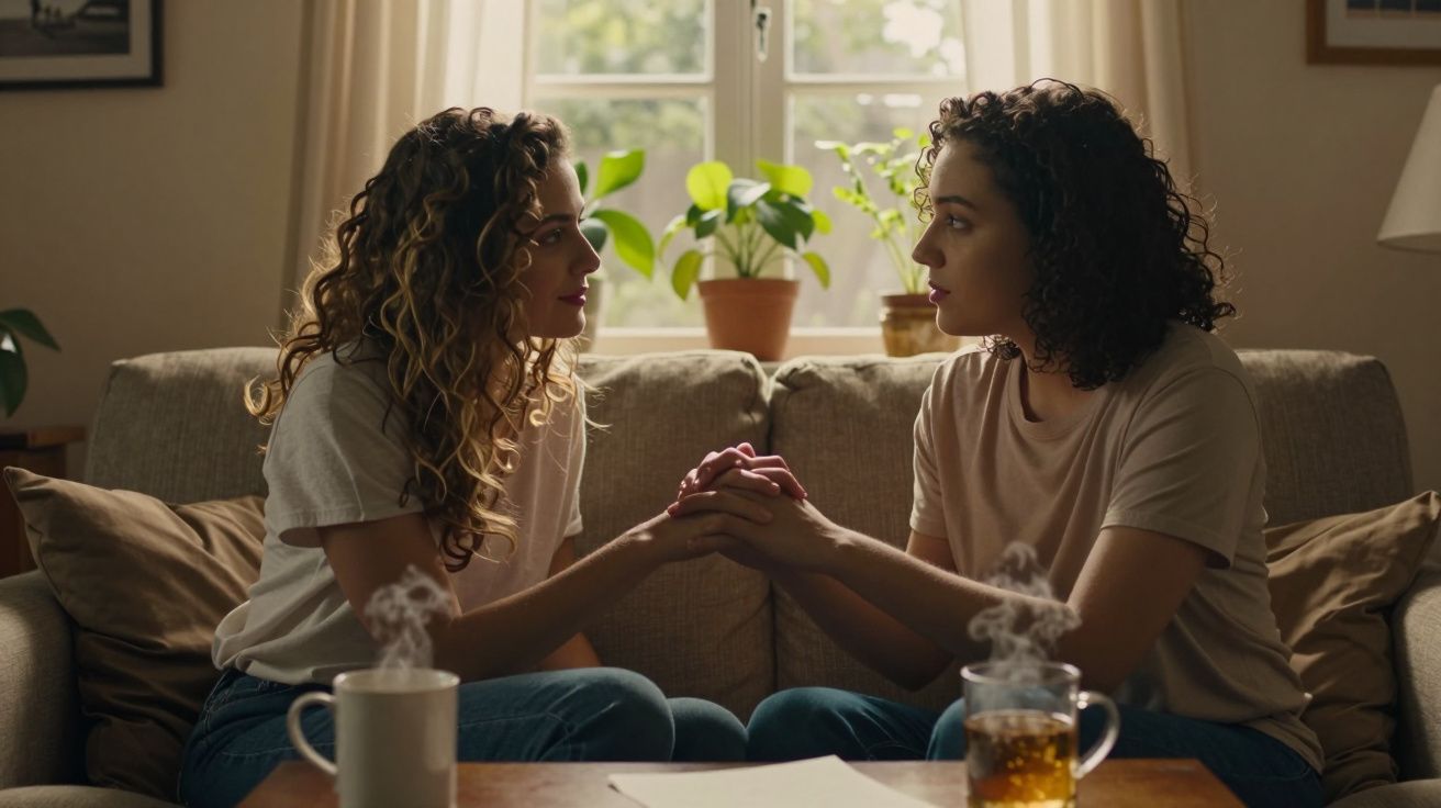 Duas mulheres sentadas no sofá, olhando nos olhos uma da outra e segurando as mãos, com chá fumegante na mesa.