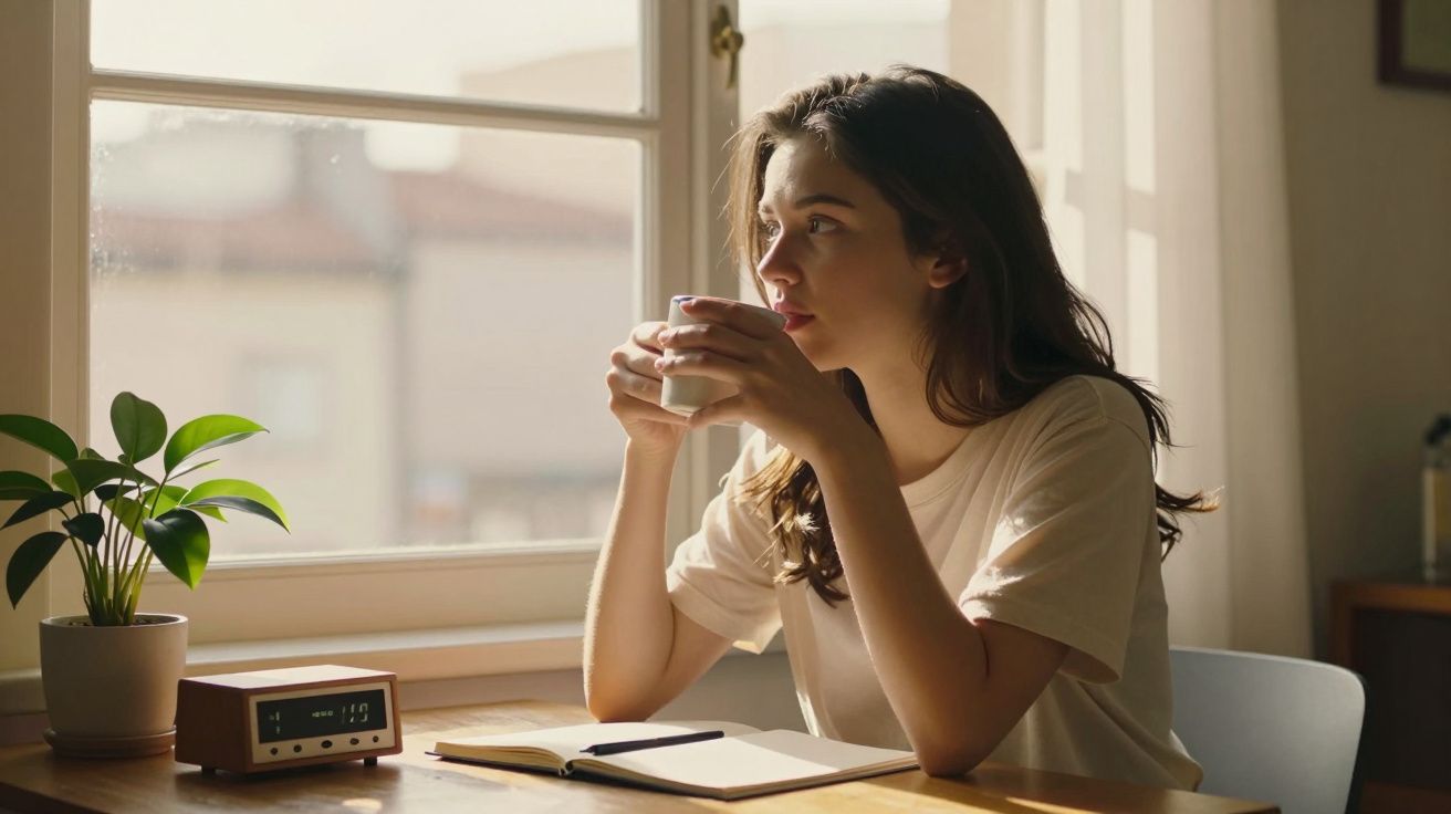 Mulher jovem sentada à mesa perto da janela, segurando uma xícara e olhando pensativa para fora.