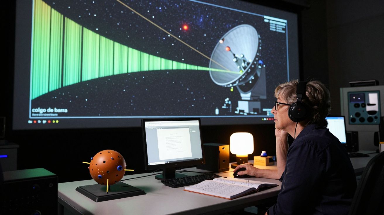 Pessoa sentada em mesa com computador e notebook na frente de projeção de gráfico e antena parabólica no escuro.