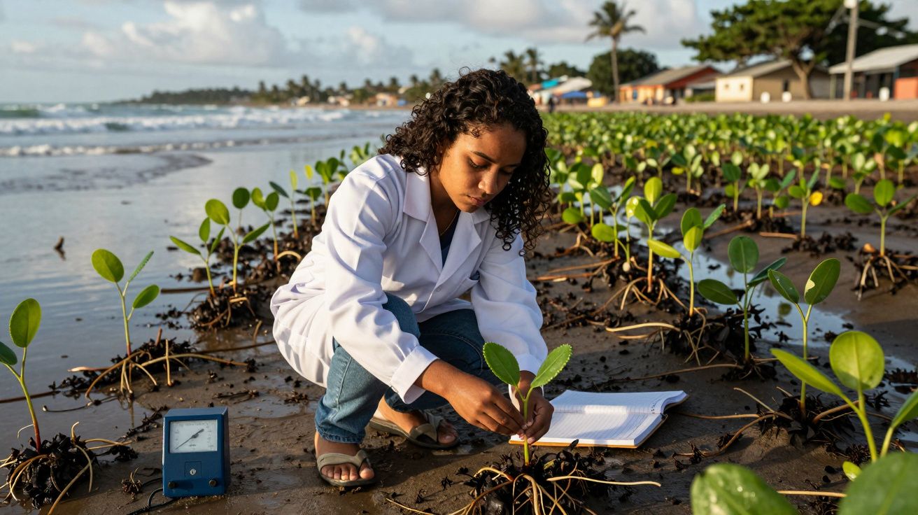 Mulher de jaleco branco analisa mudas em praia com caderno e equipamento de medição ao lado.