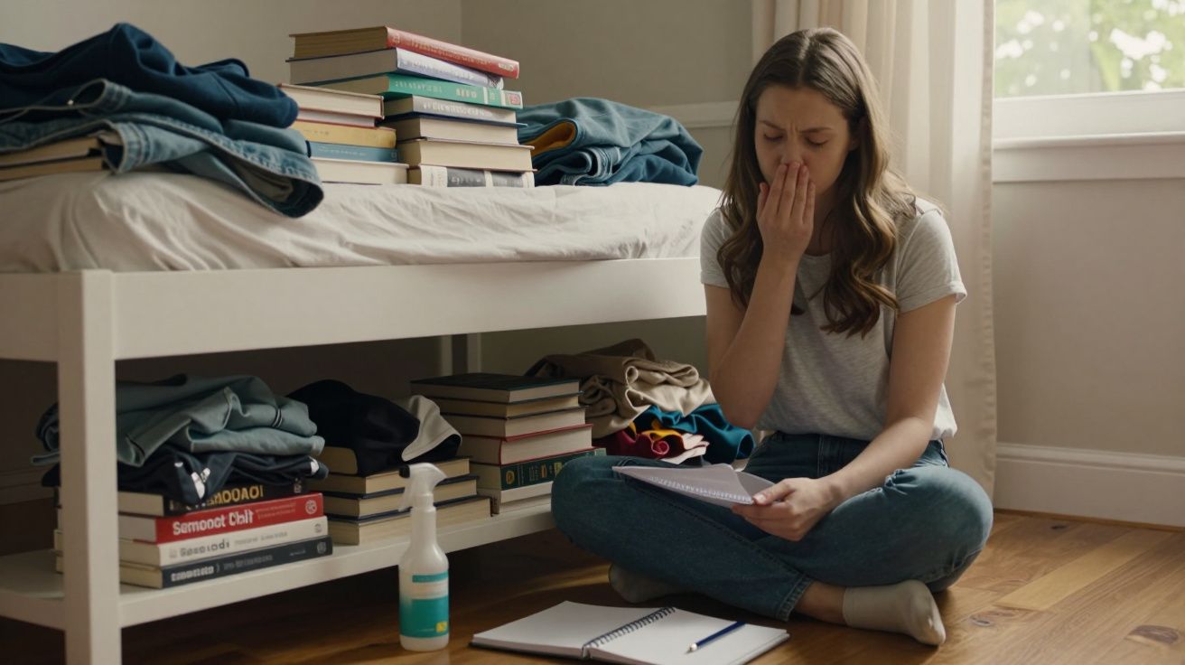 Mulher sentada no chão ao lado da cama, leitura em caderno com expressão de preocupação.