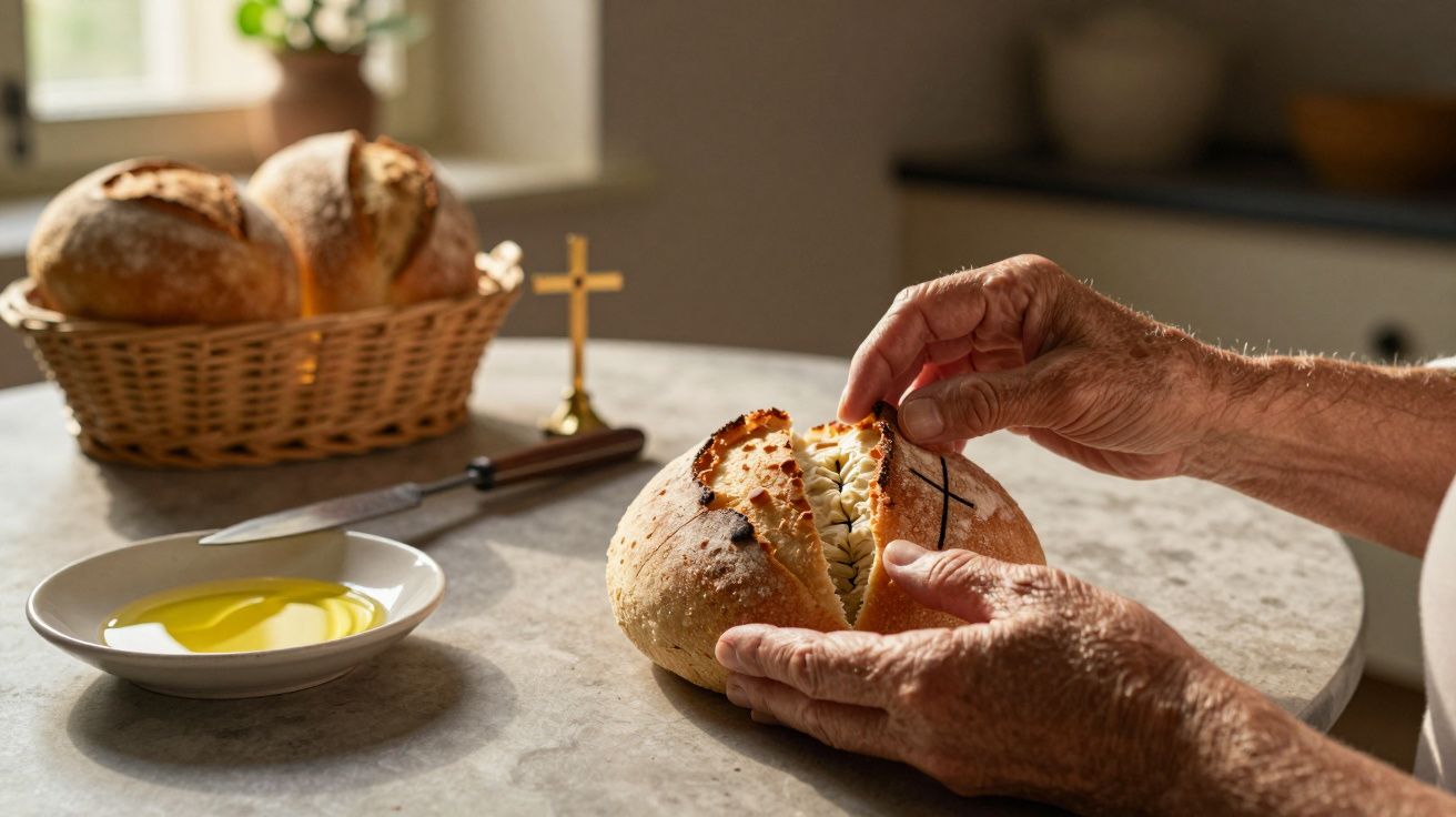 Mãos de idoso partindo pão artesanal com cruz marcada, cesta com pães e prato com azeite na mesa.