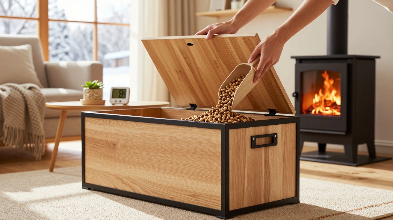 Pessoa despejando pellets em caixa de armazenamento de madeira próxima a lareira em sala aconchegante.