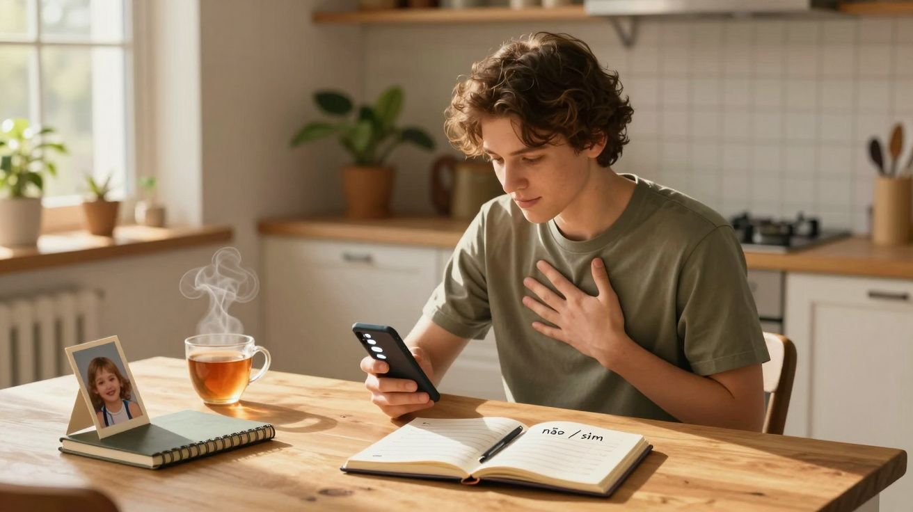 Jovem lendo mensagem no celular, com diário aberto e chá fumegante na cozinha iluminada.