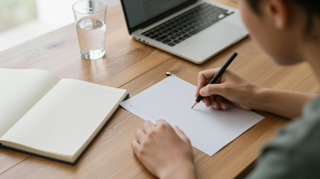 Pessoa escrevendo à mão em folha branca sobre mesa de madeira com caderno, laptop e copo de água ao lado.