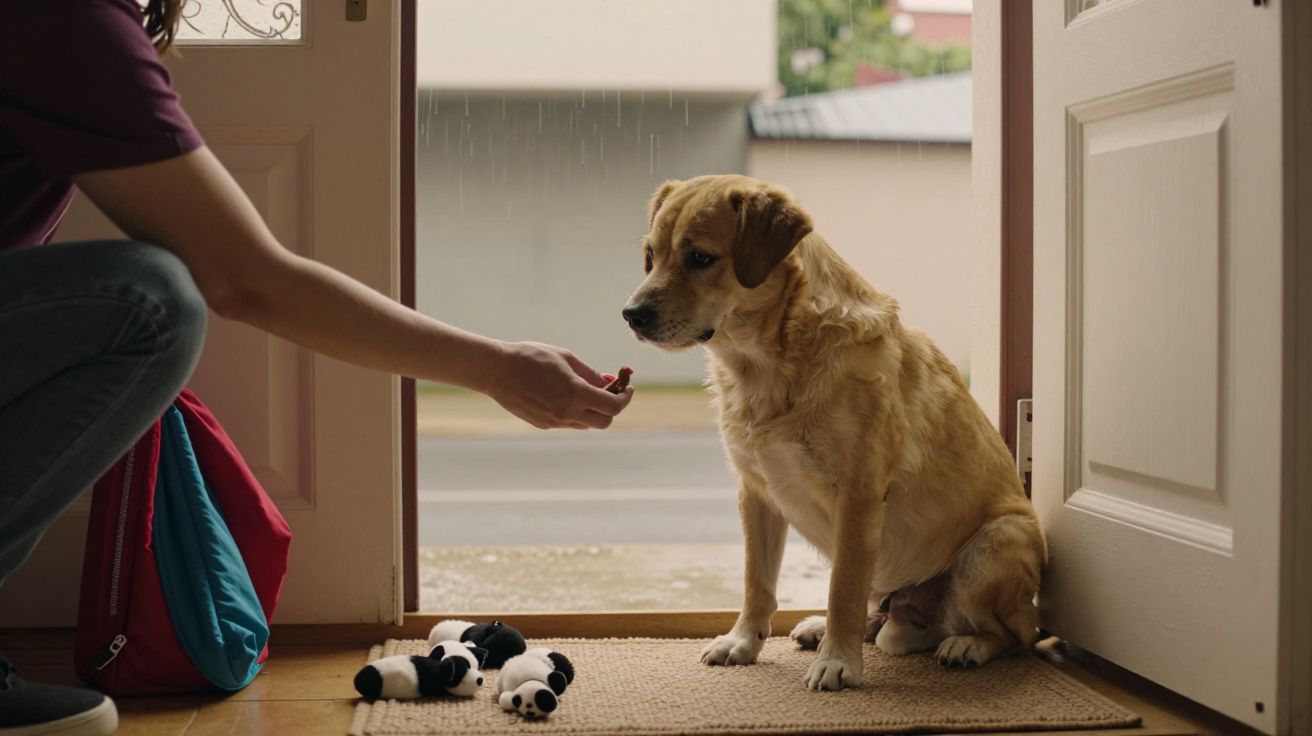 Pessoa oferecendo comida para cachorro sentado na porta durante chuva, com brinquedos no chão.