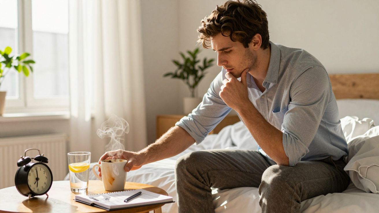 Homem sentado na cama com expressão pensativa segurando uma xícara de café fumegante ao lado de relógio e bloco de notas.