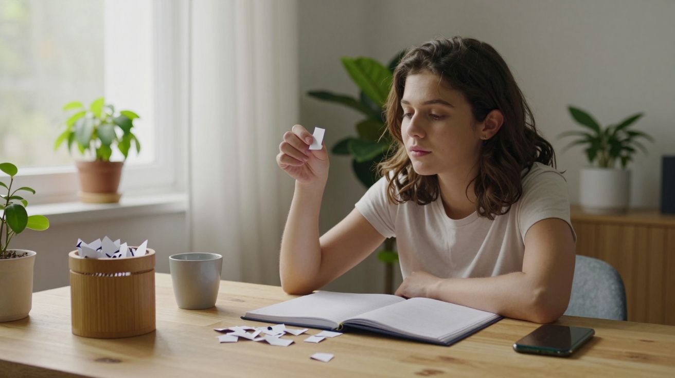 Jovem lendo recorte de papel com anotações em mesa de madeira, cercada por plantas e objetos.