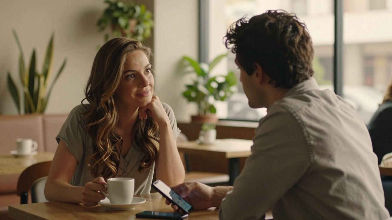 Casal jovem conversando em cafeteria, ela sorrindo e segurando xícara, ele olhando para celular na mesa.