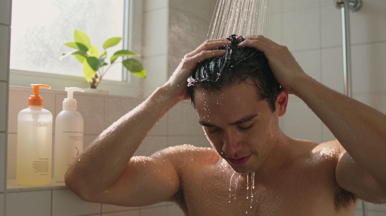 Homem tomando banho e lavando o cabelo em chuveiro com produtos ao lado da janela.