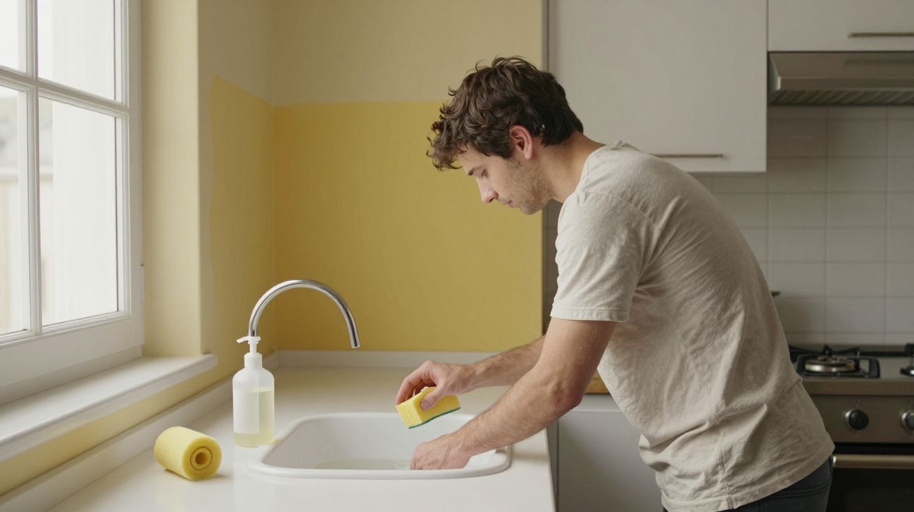 Jovem limpando pia com esponja amarela em cozinha clara com parede amarela e bancada branca.