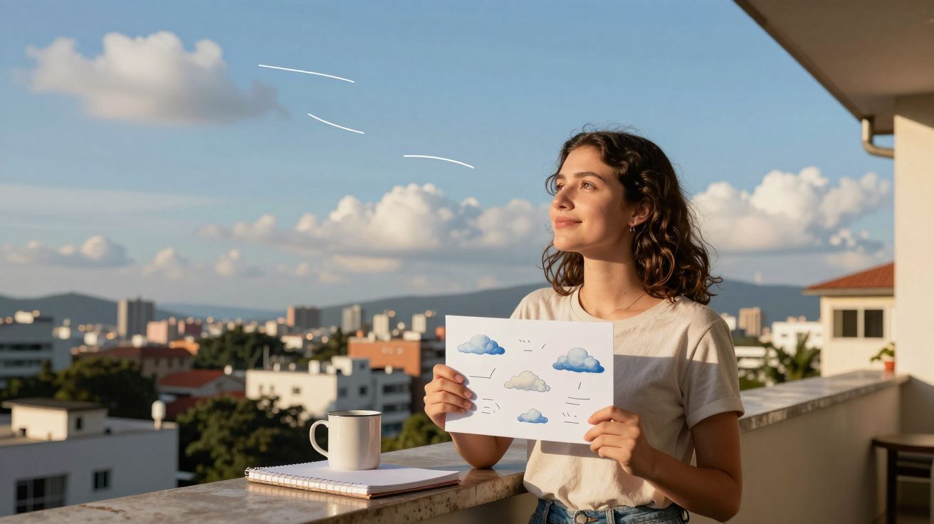 Mulher segurando desenho de nuvens em varanda com cidade ao fundo e céu azul com algumas nuvens.