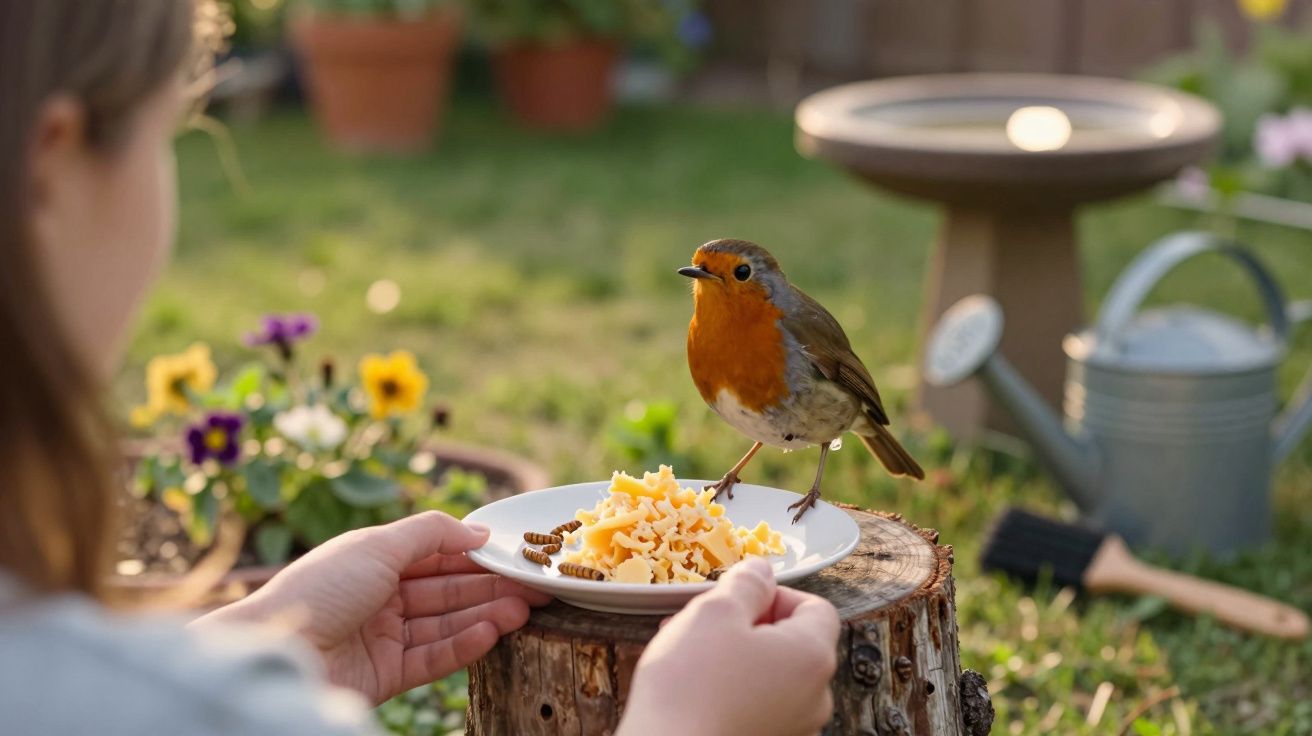Pássaro com peito laranja pousado em prato com comida, segurado por pessoa em jardim ensolarado.