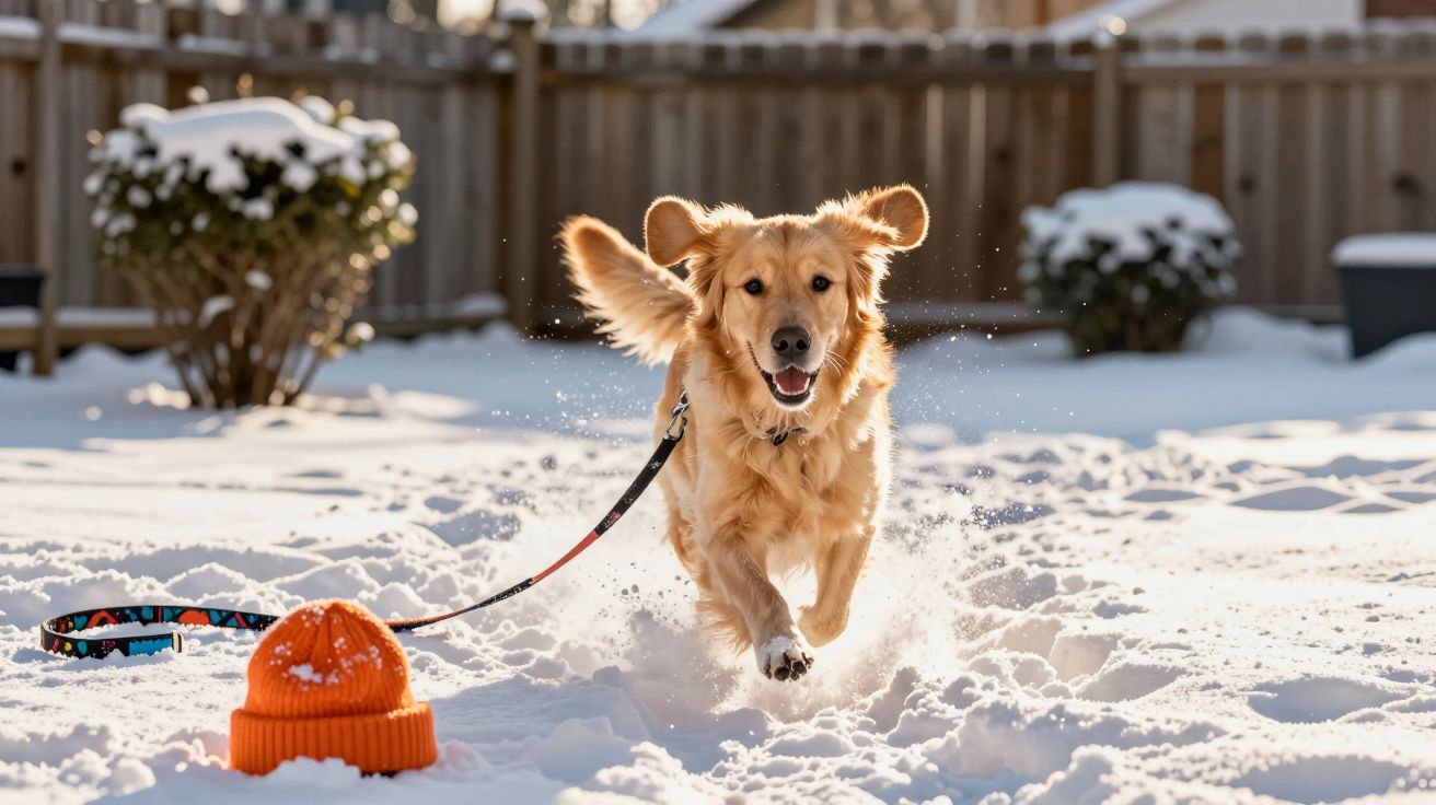 Cachorro dourado correndo alegremente na neve ao ar livre com coleira e um gorro laranja no chão.